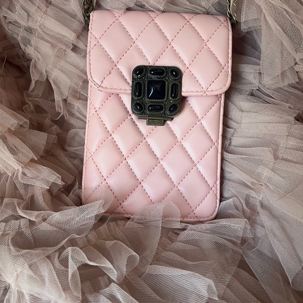 Elegant Pink Quilted Crossbody Passport and iPhone Case w/Chain Strap